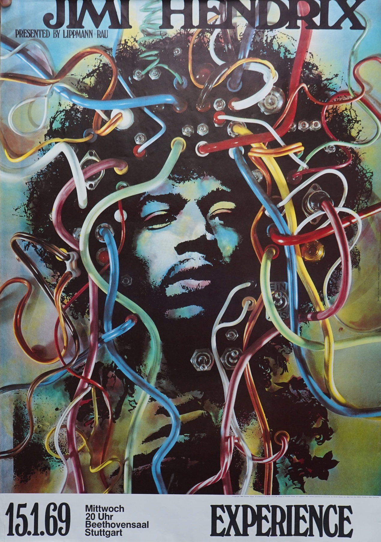 Jimi Hendrix interest; an unframed poster for the Jimi Hendrix Experience performance at the Beethovensaal Stuttgart, 15th January 1969, copyright 1969, Gunther Kieser, printed in West Germany, 84 x 59cm